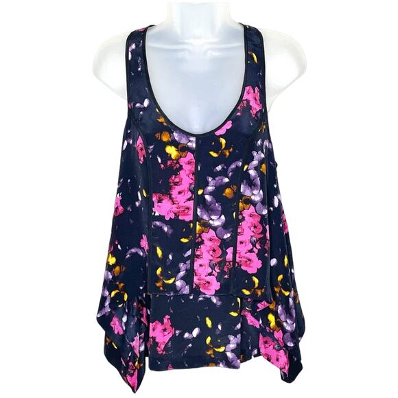GEMMA 100% silk floral racerback flowy layered tank blouse black/pink size small - Picture 2 of 5